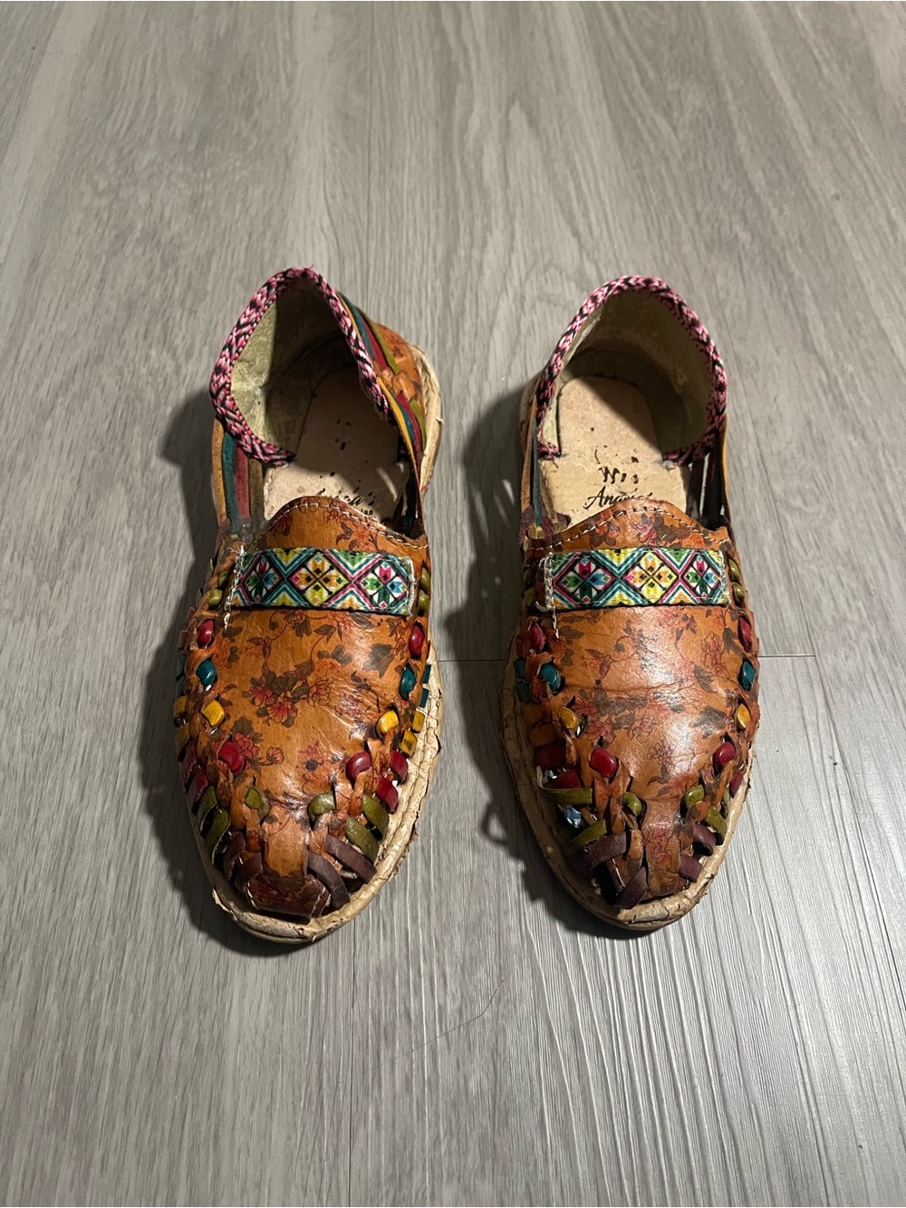 Handcrafted Brown Floral Huarache Flats with Multicolor Trim